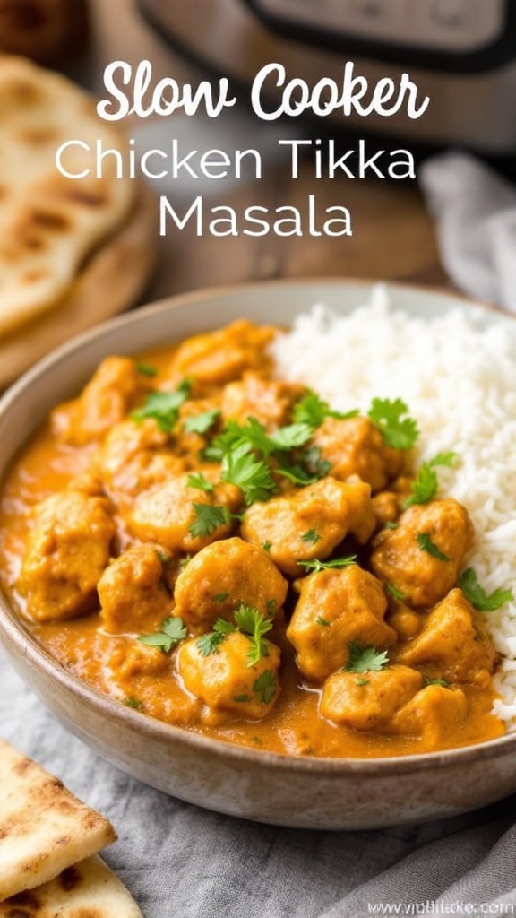 A bowl of chicken tikka masala with rice and naan, garnished with cilantro.